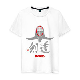 Мужская футболка хлопок с принтом Кендо маска иероглиф в Кировске, 100% хлопок | прямой крой, круглый вырез горловины, длина до линии бедер, слегка спущенное плечо. | kendo | иероглиф | кендо | кендо иероглиф | лого | маска