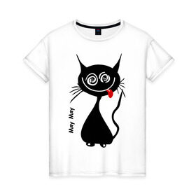 Женская футболка хлопок с принтом Кошка Мяу в Кировске, 100% хлопок | прямой крой, круглый вырез горловины, длина до линии бедер, слегка спущенное плечо | кот | котенок | котик | кошка | кошка мяу | мяу | черная кошка | черный кот