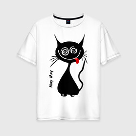 Женская футболка хлопок Oversize с принтом Кошка Мяу в Кировске, 100% хлопок | свободный крой, круглый ворот, спущенный рукав, длина до линии бедер
 | кот | котенок | котик | кошка | кошка мяу | мяу | черная кошка | черный кот