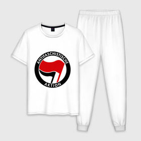 Мужская пижама хлопок с принтом Antifa (1) в Кировске, 100% хлопок | брюки и футболка прямого кроя, без карманов, на брюках мягкая резинка на поясе и по низу штанин
 | antifa | антифа | антифашизм | антифашистское движение | знак антифа | против фашизма | фашизм