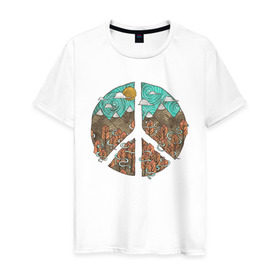 Мужская футболка хлопок с принтом Мир (Peace) в Кировске, 100% хлопок | прямой крой, круглый вырез горловины, длина до линии бедер, слегка спущенное плечо. | Тематика изображения на принте: хиппи