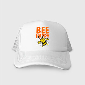 Кепка тракер с сеткой с принтом BeeHappy в Кировске, трикотажное полотно; задняя часть — сетка | длинный козырек, универсальный размер, пластиковая застежка | Тематика изображения на принте: веселая | насекомое | настроение | позитив | пчела | пчелка | счастливый | счастье | эмоции