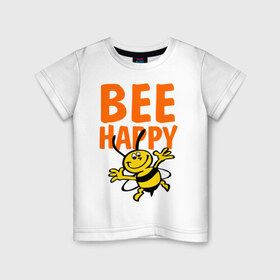 Детская футболка хлопок с принтом BeeHappy в Кировске, 100% хлопок | круглый вырез горловины, полуприлегающий силуэт, длина до линии бедер | Тематика изображения на принте: веселая | насекомое | настроение | позитив | пчела | пчелка | счастливый | счастье | эмоции