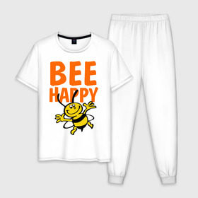 Мужская пижама хлопок с принтом BeeHappy в Кировске, 100% хлопок | брюки и футболка прямого кроя, без карманов, на брюках мягкая резинка на поясе и по низу штанин
 | веселая | насекомое | настроение | позитив | пчела | пчелка | счастливый | счастье | эмоции