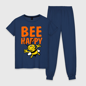 Женская пижама хлопок с принтом BeeHappy в Кировске, 100% хлопок | брюки и футболка прямого кроя, без карманов, на брюках мягкая резинка на поясе и по низу штанин | Тематика изображения на принте: веселая | насекомое | настроение | позитив | пчела | пчелка | счастливый | счастье | эмоции
