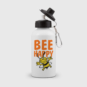 Бутылка спортивная с принтом BeeHappy в Кировске, металл | емкость — 500 мл, в комплекте две пластиковые крышки и карабин для крепления | Тематика изображения на принте: веселая | насекомое | настроение | позитив | пчела | пчелка | счастливый | счастье | эмоции
