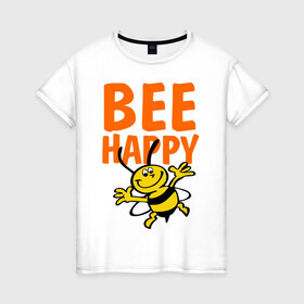 Женская футболка хлопок с принтом BeeHappy в Кировске, 100% хлопок | прямой крой, круглый вырез горловины, длина до линии бедер, слегка спущенное плечо | веселая | насекомое | настроение | позитив | пчела | пчелка | счастливый | счастье | эмоции