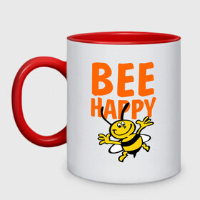 Кружка двухцветная с принтом BeeHappy в Кировске, керамика | объем — 330 мл, диаметр — 80 мм. Цветная ручка и кайма сверху, в некоторых цветах — вся внутренняя часть | Тематика изображения на принте: веселая | насекомое | настроение | позитив | пчела | пчелка | счастливый | счастье | эмоции