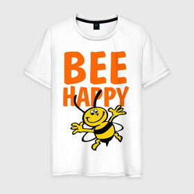 Мужская футболка хлопок с принтом BeeHappy в Кировске, 100% хлопок | прямой крой, круглый вырез горловины, длина до линии бедер, слегка спущенное плечо. | веселая | насекомое | настроение | позитив | пчела | пчелка | счастливый | счастье | эмоции