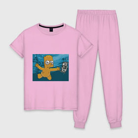 Женская пижама хлопок с принтом Nevermind (Simpsons) в Кировске, 100% хлопок | брюки и футболка прямого кроя, без карманов, на брюках мягкая резинка на поясе и по низу штанин | nevermind | nevermind simpsons | nirvana | nirvana nevermind | rock | simpsons | нирвана | нирвана nevermind | нирвана симпсонс | ребенок | рок | символика nirvana | символика нирвана | симпсонс