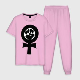 Мужская пижама хлопок с принтом эмблема феминизма в Кировске, 100% хлопок | брюки и футболка прямого кроя, без карманов, на брюках мягкая резинка на поясе и по низу штанин
 | женщины | кулак | мужчины | отношения | феминистка