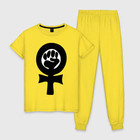 Женская пижама хлопок с принтом эмблема феминизма в Кировске, 100% хлопок | брюки и футболка прямого кроя, без карманов, на брюках мягкая резинка на поясе и по низу штанин | женщины | кулак | мужчины | отношения | феминистка