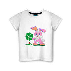 Детская футболка хлопок с принтом Зайка удача девочка в Кировске, 100% хлопок | круглый вырез горловины, полуприлегающий силуэт, длина до линии бедер | детские | заяц | клевер | милые животные