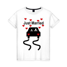 Женская футболка хлопок с принтом Молодожены в машине в Кировске, 100% хлопок | прямой крой, круглый вырез горловины, длина до линии бедер, слегка спущенное плечо | брак | жена | жениться | жених | любовь | муж | невеста | свадьба | семья | сердечки | сердца | супруга
