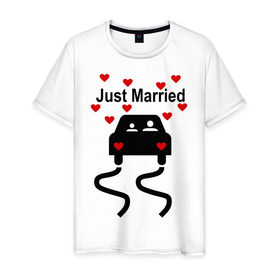 Мужская футболка хлопок с принтом Молодожены в машине в Кировске, 100% хлопок | прямой крой, круглый вырез горловины, длина до линии бедер, слегка спущенное плечо. | брак | жена | жениться | жених | любовь | муж | невеста | свадьба | семья | сердечки | сердца | супруга