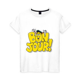 Женская футболка хлопок с принтом Bonjour - Привет! в Кировске, 100% хлопок | прямой крой, круглый вырез горловины, длина до линии бедер, слегка спущенное плечо | bon jour | бон жур | смайл | француз