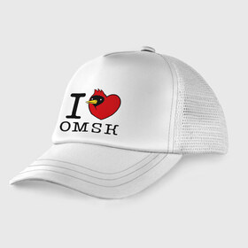 Детская кепка тракер с принтом I love Omsk (Я люблю Омск) в Кировске, Козырек - 100% хлопок. Кепка - 100% полиэстер, Задняя часть - сетка | универсальный размер, пластиковая застёжка | i love omsk | город | омич | омская птица | птица | я люблю омск