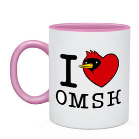 Кружка двухцветная с принтом I love Omsk (Я люблю Омск) в Кировске, керамика | объем — 330 мл, диаметр — 80 мм. Цветная ручка и кайма сверху, в некоторых цветах — вся внутренняя часть | i love omsk | город | омич | омская птица | птица | я люблю омск