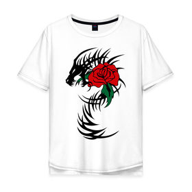 Мужская футболка хлопок Oversize с принтом Дракон и роза в Кировске, 100% хлопок | свободный крой, круглый ворот, “спинка” длиннее передней части | скелет