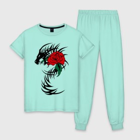 Женская пижама хлопок с принтом Дракон и роза в Кировске, 100% хлопок | брюки и футболка прямого кроя, без карманов, на брюках мягкая резинка на поясе и по низу штанин | скелет