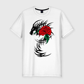 Мужская футболка премиум с принтом Дракон и роза в Кировске, 92% хлопок, 8% лайкра | приталенный силуэт, круглый вырез ворота, длина до линии бедра, короткий рукав | скелет