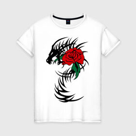 Женская футболка хлопок с принтом Дракон и роза в Кировске, 100% хлопок | прямой крой, круглый вырез горловины, длина до линии бедер, слегка спущенное плечо | скелет
