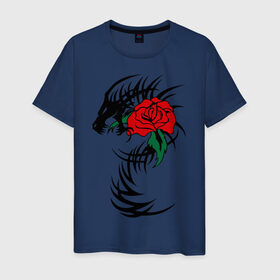 Мужская футболка хлопок с принтом Дракон и роза в Кировске, 100% хлопок | прямой крой, круглый вырез горловины, длина до линии бедер, слегка спущенное плечо. | скелет