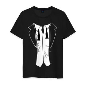 Мужская футболка хлопок с принтом Костюм с развязанной бабочкой в Кировске, 100% хлопок | прямой крой, круглый вырез горловины, длина до линии бедер, слегка спущенное плечо. | Тематика изображения на принте: бабочка | смокинг