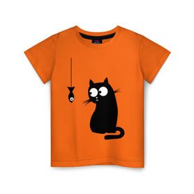 Детская футболка хлопок с принтом Кот и рыба в Кировске, 100% хлопок | круглый вырез горловины, полуприлегающий силуэт, длина до линии бедер | киса | киска | котенок | котик | котэ | кошка | рыбка