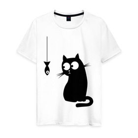 Мужская футболка хлопок с принтом Кот и рыба в Кировске, 100% хлопок | прямой крой, круглый вырез горловины, длина до линии бедер, слегка спущенное плечо. | киса | киска | котенок | котик | котэ | кошка | рыбка