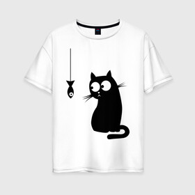 Женская футболка хлопок Oversize с принтом Кот и рыба в Кировске, 100% хлопок | свободный крой, круглый ворот, спущенный рукав, длина до линии бедер
 | киса | киска | котенок | котик | котэ | кошка | рыбка