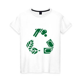 Женская футболка хлопок с принтом Переработка в Кировске, 100% хлопок | прямой крой, круглый вырез горловины, длина до линии бедер, слегка спущенное плечо | деньги | знак | круговорот | люди | политические | природа