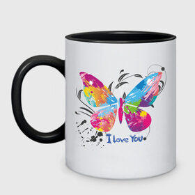 Кружка двухцветная с принтом Бабочка - I Love You в Кировске, керамика | объем — 330 мл, диаметр — 80 мм. Цветная ручка и кайма сверху, в некоторых цветах — вся внутренняя часть | крылья