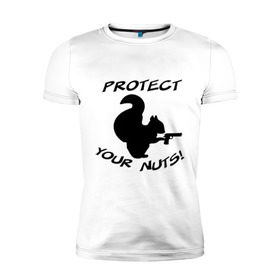 Мужская футболка премиум с принтом Protect your nuts в Кировске, 92% хлопок, 8% лайкра | приталенный силуэт, круглый вырез ворота, длина до линии бедра, короткий рукав | белка | белочка | вооруженная | защищай | зверь | орехи | оружие | пистолет | свои