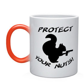 Кружка хамелеон с принтом Protect your nuts в Кировске, керамика | меняет цвет при нагревании, емкость 330 мл | белка | белочка | вооруженная | защищай | зверь | орехи | оружие | пистолет | свои
