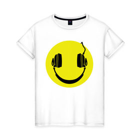 Женская футболка хлопок с принтом Смайлик-наушники в Кировске, 100% хлопок | прямой крой, круглый вырез горловины, длина до линии бедер, слегка спущенное плечо | smile | наушники | смайл | смайлик | смайлики | улыбка
