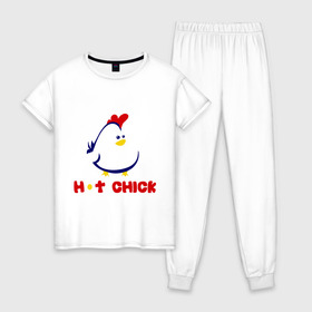 Женская пижама хлопок с принтом Hot Chick в Кировске, 100% хлопок | брюки и футболка прямого кроя, без карманов, на брюках мягкая резинка на поясе и по низу штанин | горячая | курица | курочка | цыпленок | чика