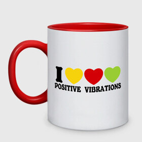 Кружка двухцветная с принтом I Love Positive Vibrations в Кировске, керамика | объем — 330 мл, диаметр — 80 мм. Цветная ручка и кайма сверху, в некоторых цветах — вся внутренняя часть | 