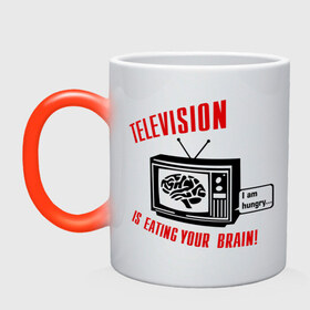 Кружка хамелеон с принтом Телевидение ест твой мозг в Кировске, керамика | меняет цвет при нагревании, емкость 330 мл | eating your brain | hungry | television | антенна | передача | программа | телевизор | телешоу | телик | ящик