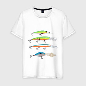 Мужская футболка хлопок с принтом Приманки в Кировске, 100% хлопок | прямой крой, круглый вырез горловины, длина до линии бедер, слегка спущенное плечо. | для рыбаков | крючок | наживка | наживки | приманка | рыба | рыбак | рыбакам | рыбалка
