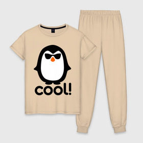 Женская пижама хлопок с принтом Стильный клевый крутой пингвин в Кировске, 100% хлопок | брюки и футболка прямого кроя, без карманов, на брюках мягкая резинка на поясе и по низу штанин | пингвин
