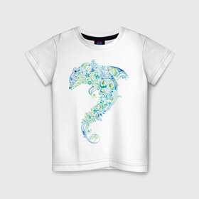 Детская футболка хлопок с принтом Абстрактный дельфин в Кировске, 100% хлопок | круглый вырез горловины, полуприлегающий силуэт, длина до линии бедер | Тематика изображения на принте: абстрактный дельфин | дельфин | животные | морские животные | орнамент | рисунок | цветочный орнамент