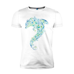 Мужская футболка премиум с принтом Абстрактный дельфин в Кировске, 92% хлопок, 8% лайкра | приталенный силуэт, круглый вырез ворота, длина до линии бедра, короткий рукав | абстрактный дельфин | дельфин | животные | морские животные | орнамент | рисунок | цветочный орнамент