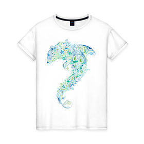 Женская футболка хлопок с принтом Абстрактный дельфин в Кировске, 100% хлопок | прямой крой, круглый вырез горловины, длина до линии бедер, слегка спущенное плечо | абстрактный дельфин | дельфин | животные | морские животные | орнамент | рисунок | цветочный орнамент