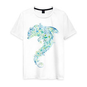 Мужская футболка хлопок с принтом Абстрактный дельфин в Кировске, 100% хлопок | прямой крой, круглый вырез горловины, длина до линии бедер, слегка спущенное плечо. | абстрактный дельфин | дельфин | животные | морские животные | орнамент | рисунок | цветочный орнамент