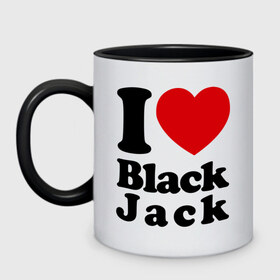 Кружка двухцветная с принтом I love black jack в Кировске, керамика | объем — 330 мл, диаметр — 80 мм. Цветная ручка и кайма сверху, в некоторых цветах — вся внутренняя часть | 21 | black jack | i love | i love black jack | блэк джек | карточный игры | карты | покер | я люблю