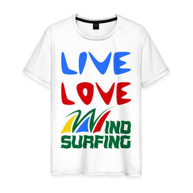 Мужская футболка хлопок с принтом Виндсерфинг в Кировске, 100% хлопок | прямой крой, круглый вырез горловины, длина до линии бедер, слегка спущенное плечо. | live | love | sport | wind surfing | windsurfing | экстремальный | экстрим