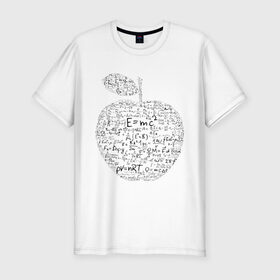 Мужская футболка премиум с принтом Яблоко Ньютона (формулы физики) в Кировске, 92% хлопок, 8% лайкра | приталенный силуэт, круглый вырез ворота, длина до линии бедра, короткий рукав | для студентов | ньютон | студентам | студенческие | физика | формула | формулы | яблоко ньютона