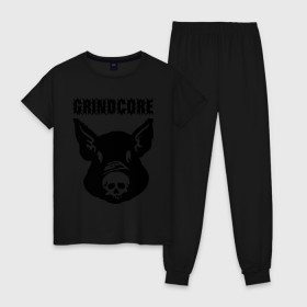 Женская пижама хлопок с принтом Grindcore (pig) в Кировске, 100% хлопок | брюки и футболка прямого кроя, без карманов, на брюках мягкая резинка на поясе и по низу штанин | Тематика изображения на принте: grindcore | gringcore | metal | rock | trash | гpайндкор | метал | рок музыка | треш | трэш