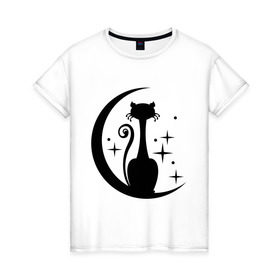 Женская футболка хлопок с принтом Кошка на луне в Кировске, 100% хлопок | прямой крой, круглый вырез горловины, длина до линии бедер, слегка спущенное плечо | звезды | киса | луна | месяц | ночная | ночь